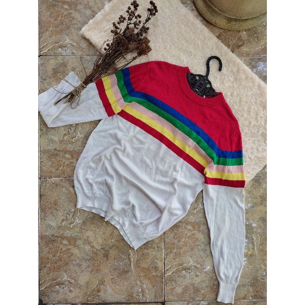 preloved sweater rajut knit rainbow putih pria wanita oversize