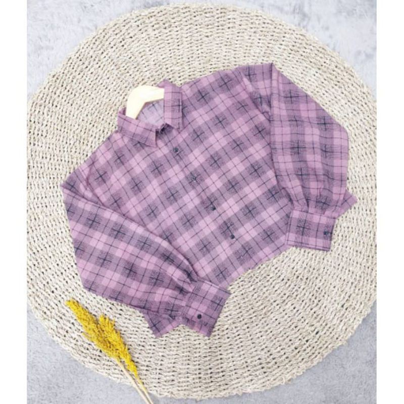 garmensolo || KEMEJA WANITA MODEL TARTAN CROP/ KEMEJA WANITA BAHAN WOLFIS / TUNIK JUMBO PREMIUM BLOUSE TARTAN LENGAN BALON MIZU KOREAN STYLE | KEMEJA FLANEL WANITA NUMMA-1