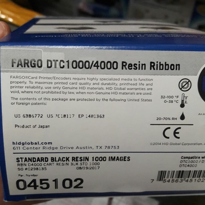 Fargo DTC1000/4000 Resin Ribbon PN 045102