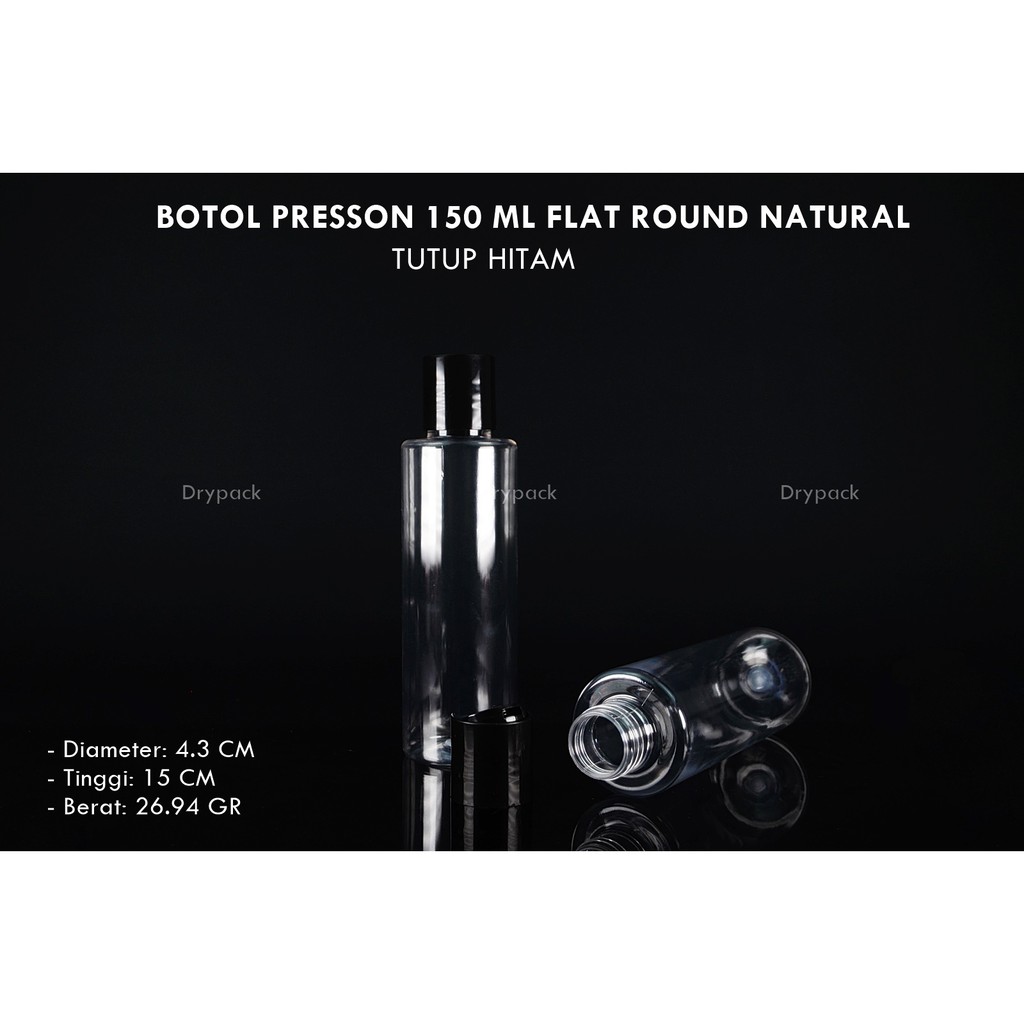 Botol Presson 150 ml Flat Natural tutup Hitam