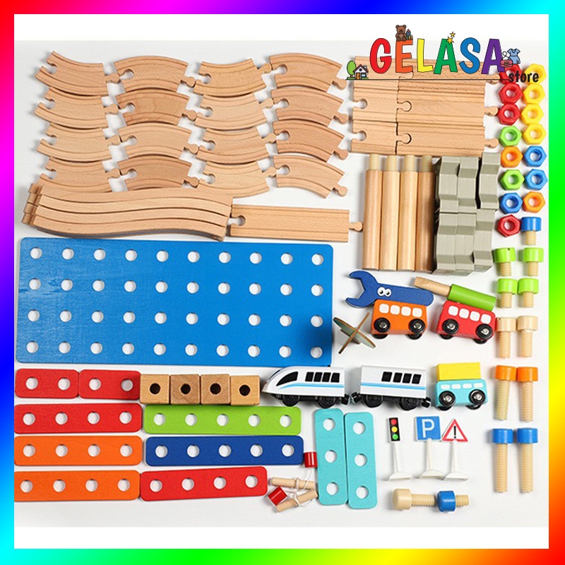 Gelasa Mainan kayu anak Construction Train Track Toys