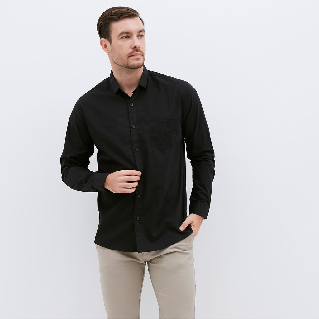 M231 Kemeja Pria Basic Polos Panjang Hitam 1468D