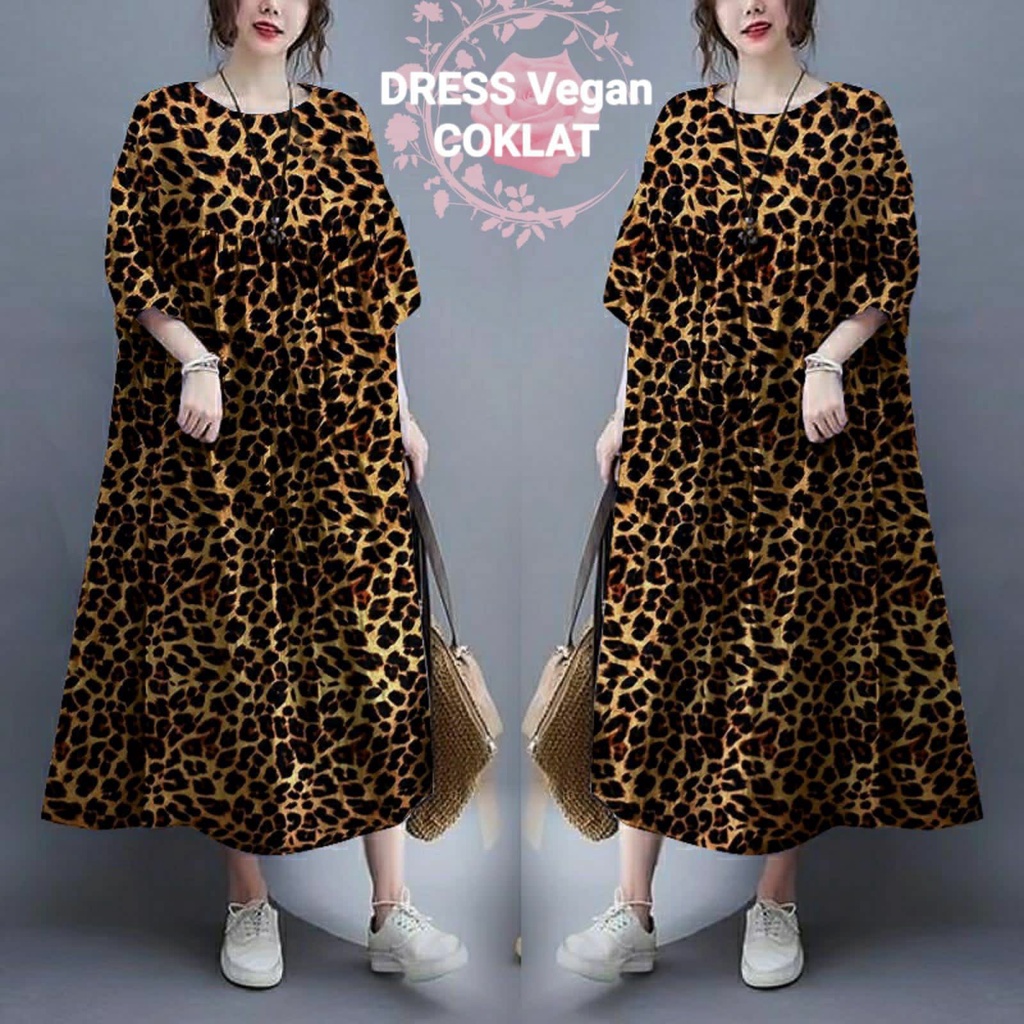 DRESS OVERSIZE FASHION WANITA 3XL JUMBO/ GAUN MOTIF MACAN TUTUL LEOPARD / BAJU PESTA KASUAL