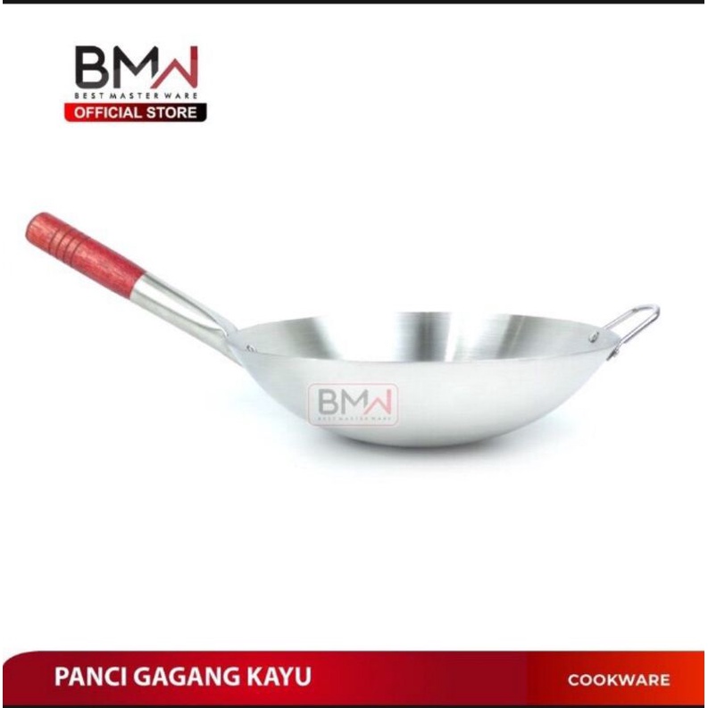 Wajan BMW Gagang Kayu Stainless Tahan Panas Panci Penggorengan Tebal Anti Lengket Kuali 34cm / wajan nasgor / wajan oseng oseng doubel tangkai