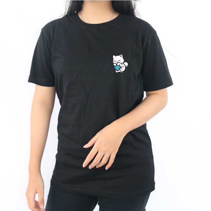 Kaos Lengan Pendek Wanita Logo Kucing Putih Wol Cute Polos Hitam