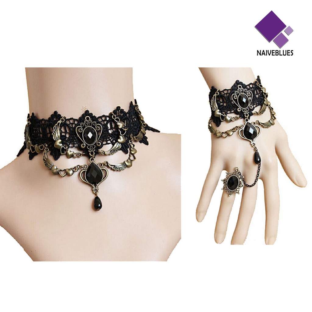 Kalung Gelang Cincin Bahan Lace Warna Hitam Gaya Gothic Punk Untuk Wanita