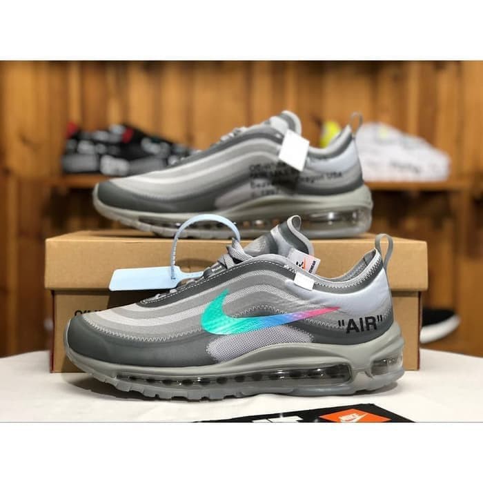 SNEAKERS COWOK HITAM BIRU MISTY  Nike Air Max 97 x Off White Menta Wolf Grey