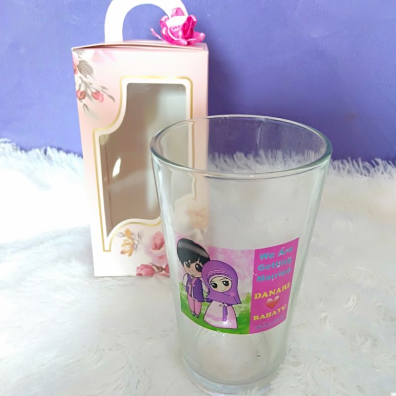 GELAS MINUM TINGGI 12CM | SOUVENIR PERNIKAHAN GELAS SABLON DECAL WARNA DENGAN PAPER BOX