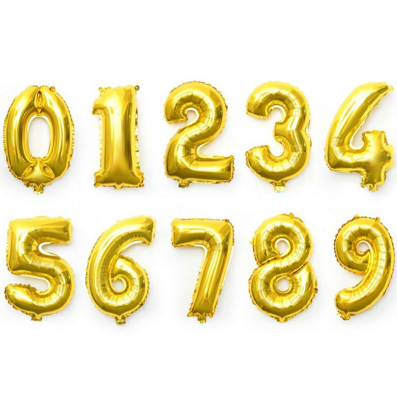 Balon Angka Gold 40cm, Balon Foil Angka Gold 18 inch