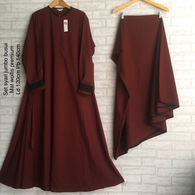 NEW BARU SET GAMIS SYAR’I KHIMAR JILBAB JUMBO MAROON NON PET BUSUI WOLFIS WOOLPEACH WOLVIS LD 120
