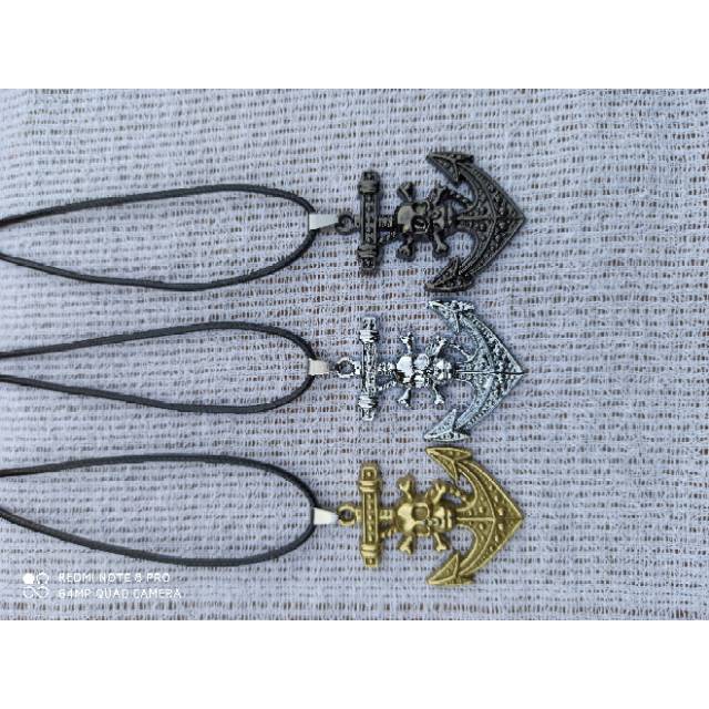 Kalung Tali Liontin Jangkar MARINE Tengkorak GAUL METAL Fashion pria Wanita Gold Silver Black