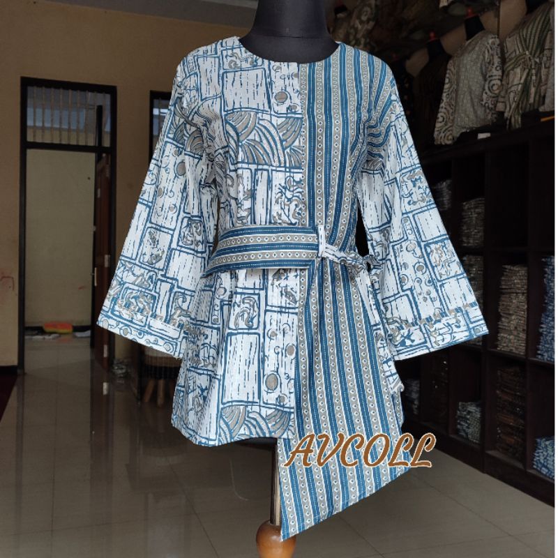 tey-17 Batik wanita ASJ SA HRB026 Kenongo Kemeja Tosca Pendek-Shibori abstrak