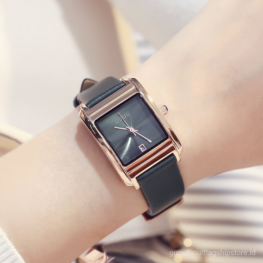 【Factory Outlet】GUOU Square Watch Sederhana Wanita Elegan Fashion Quartz Watch Tali Tren Kalender Wanita Berjaga-jaga