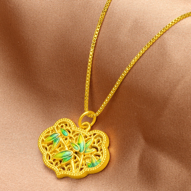 National Kalung Emas Asli Kadar 375 Dengan Liontin Daun Bambu Hollow Gaya Etnik Untuk Pria Dan Wanita