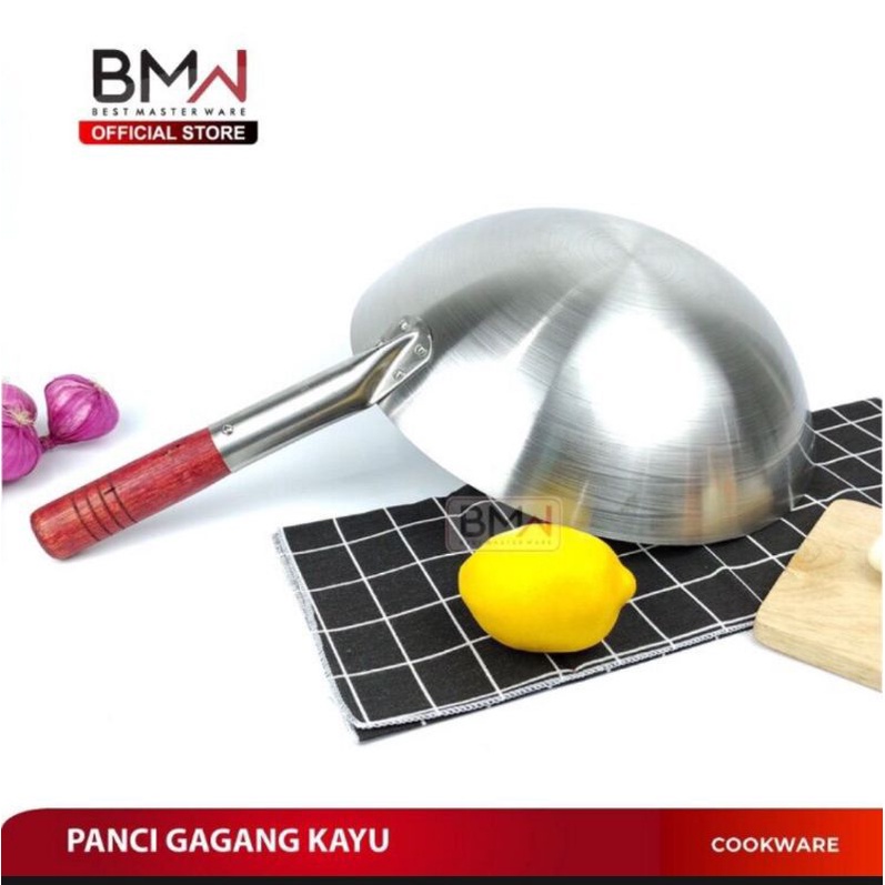 Wajan BMW Gagang Kayu Stainless Tahan Panas Panci Penggorengan Tebal Anti Lengket Kuali 34cm / wajan nasgor / wajan oseng oseng doubel tangkai