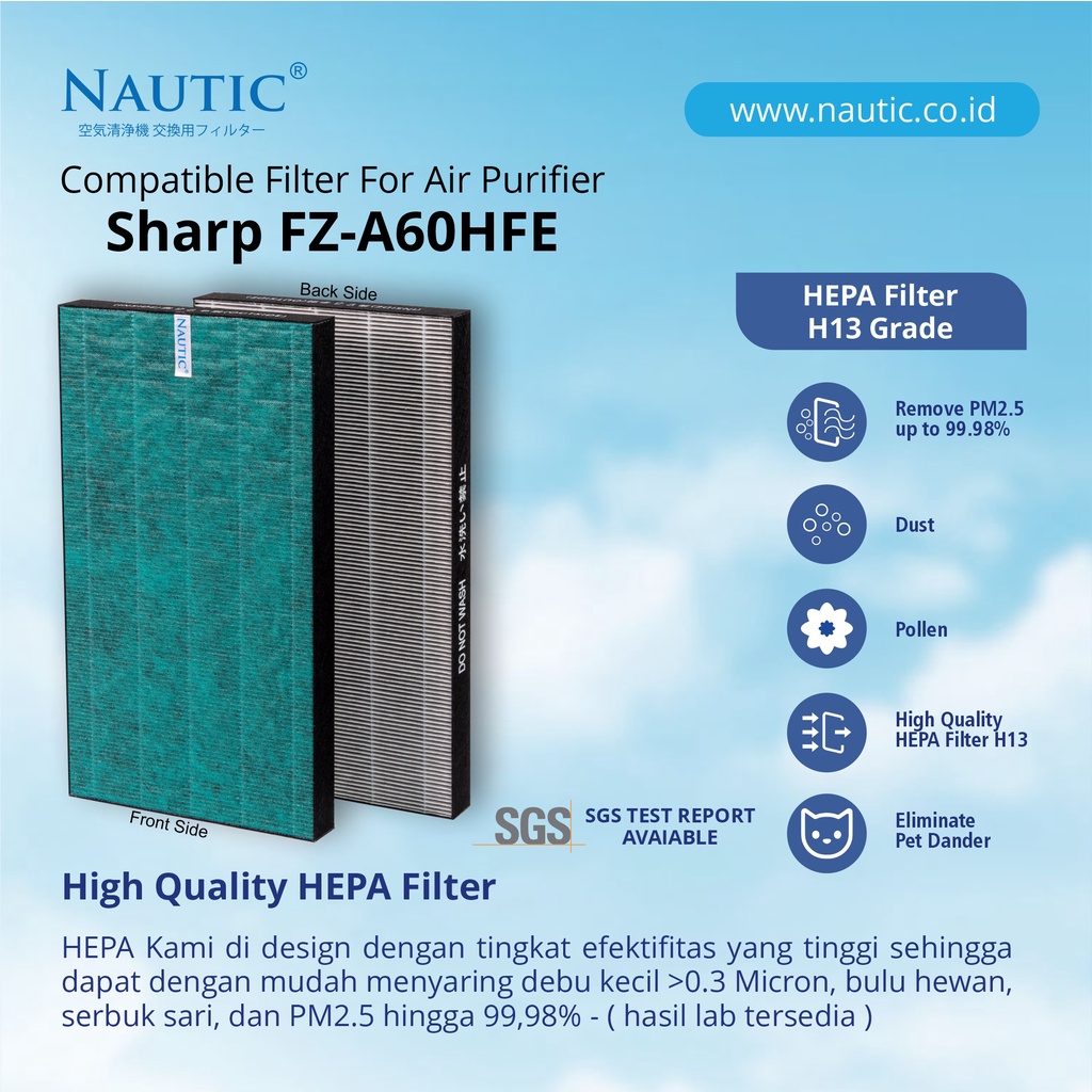 NAUTIC HEPA + DEO for SHARP FZ-A60HFE buat KC-A60E /T KC-860E /T KC-C150E /T