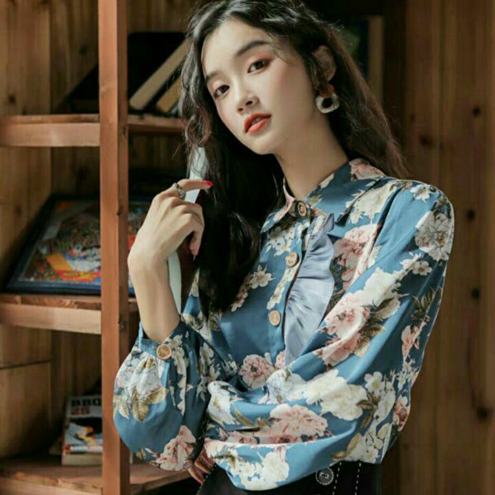 DENNISE Baju atasan blouse biru wanita kekinian import baju atasan cewek import korea kekinian biru