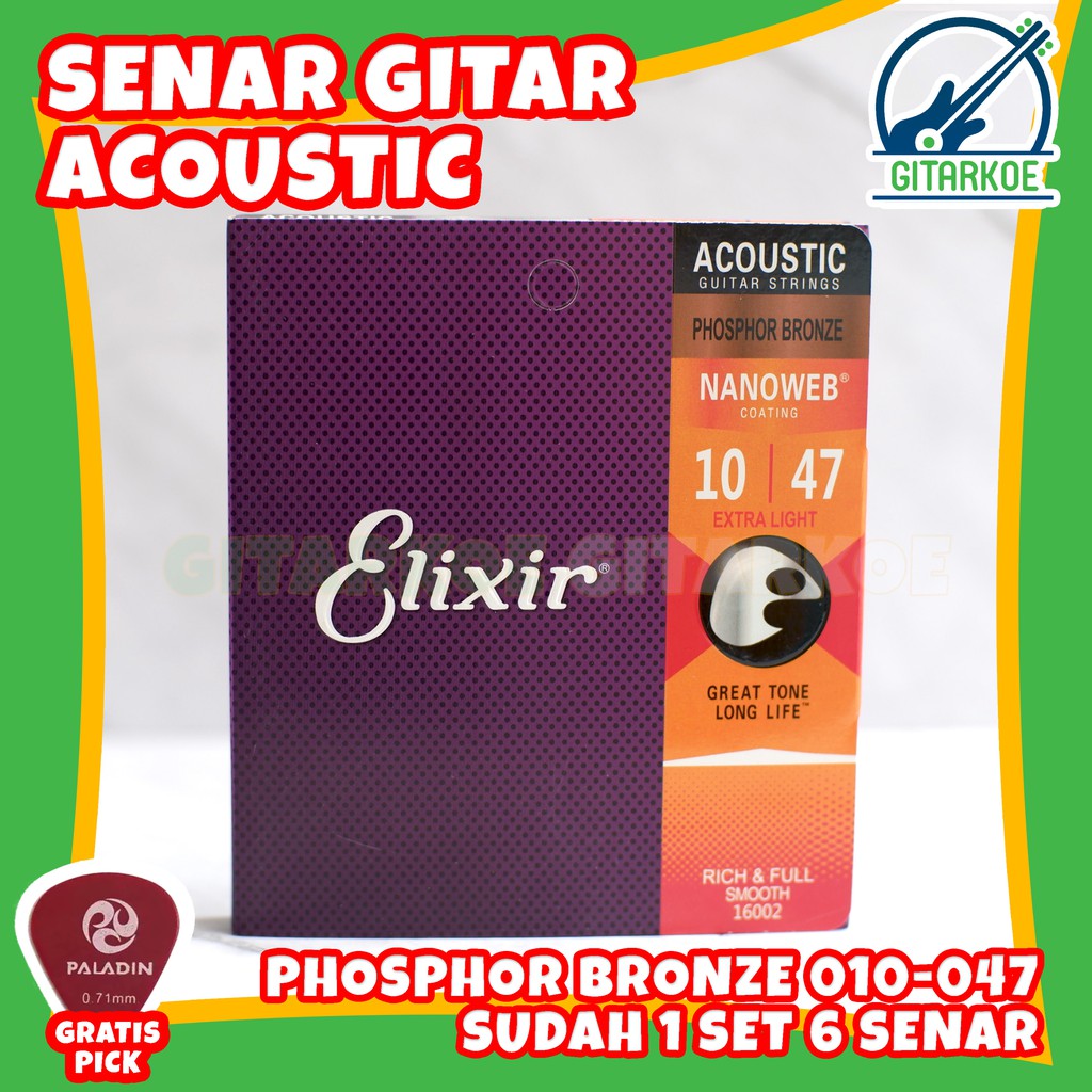 Senar Gitar Elixir Akustik Anti / Tahan Karat Phosphor Bronze 010 Nano Web