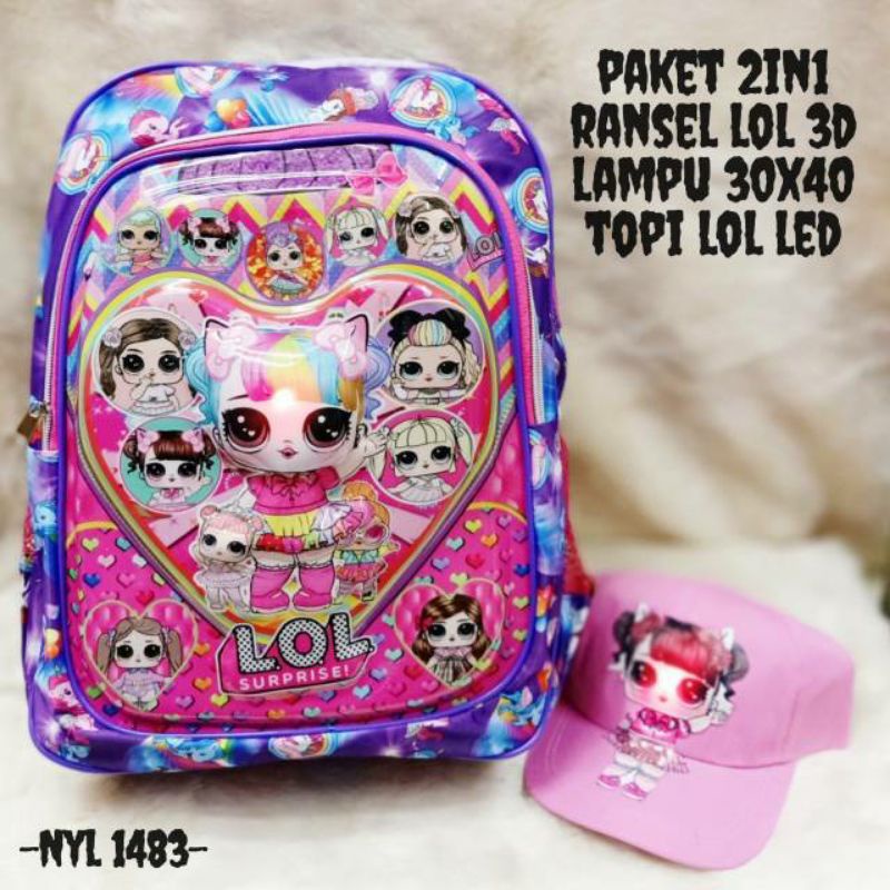 Ransel LoL 3D LED Gratis topi anak perempuan tas sekolah SD