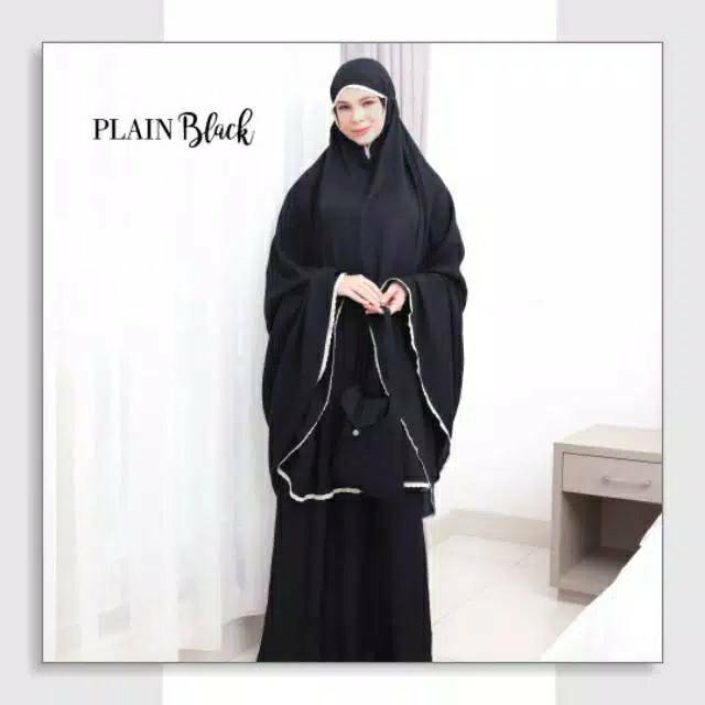 Mukena Tazbiya Plain Black Jumbo Dewasa Katun Rayon Adem Motif Cantik Treveling