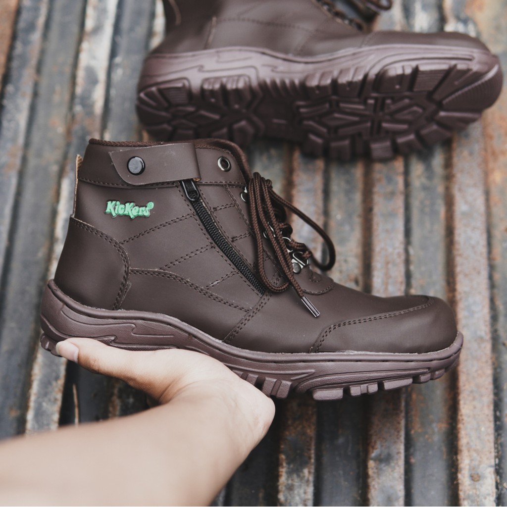 Sepatu Safety Boots Pria Kickers Morisey Coklat Ujung Besi Bots Sefty Kerja Boot Outdoor Hiking