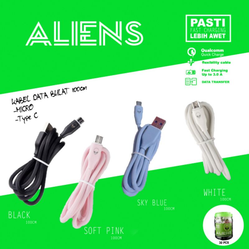 KABEL DATA ALIENS TYPE-C DAN MICRO bulat 1 meter Fast Charging Aliens Cable