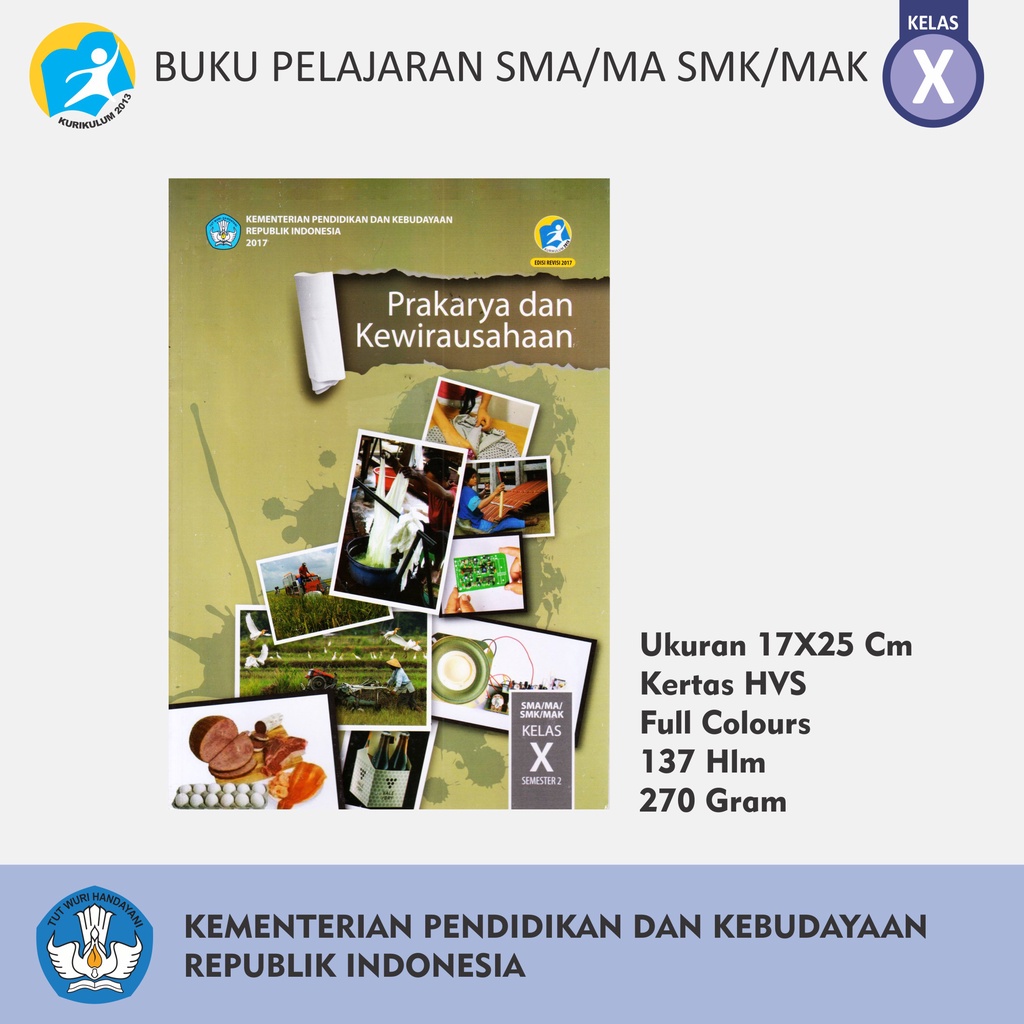 Buku Pelajaran Tingkat SMA MA MAK SMK Kelas X Bahasa Indonesia Inggris Matematika IPA IPS Penjaskes Seni Budaya PPKn Kemendikbud-X PRAKARYA KWU SMT 2