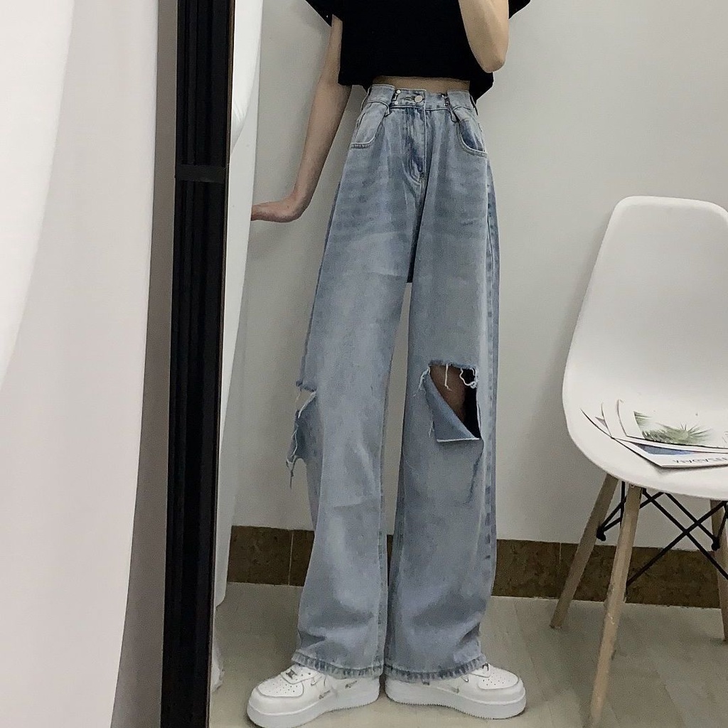 Korean New Women's Loose High Waist Wide Leg pengait celana jeans