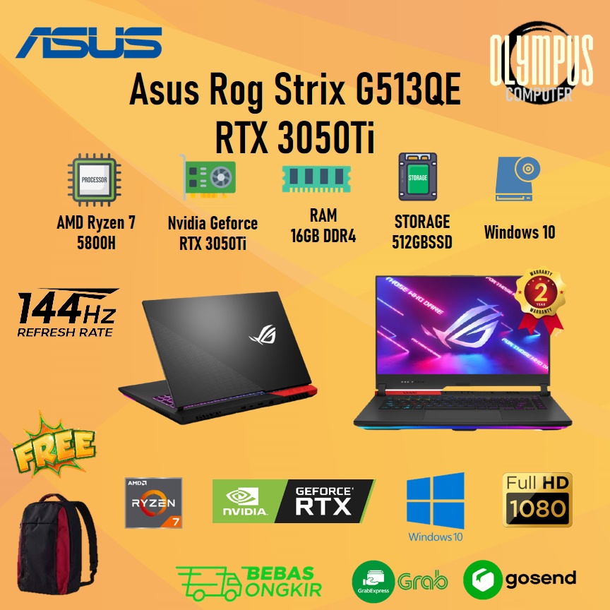 Laptop Asus Rog G513QE Ryzen 7 5800H 16GB 512SSD RTX3050TI W10+OHS 15.6FHD IPS
