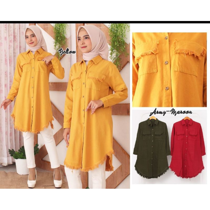 KEMEJA TUNIK JEANS FRINGE LOOSE WANITA RAWIS DENGAN 2 KANTONG