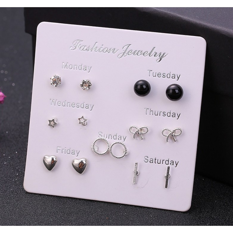 7 Pasang Anting Tindik Tusuk Set Satu Minggu Week Ins Gaya Korea Fashion Plug Earrings Korean Style