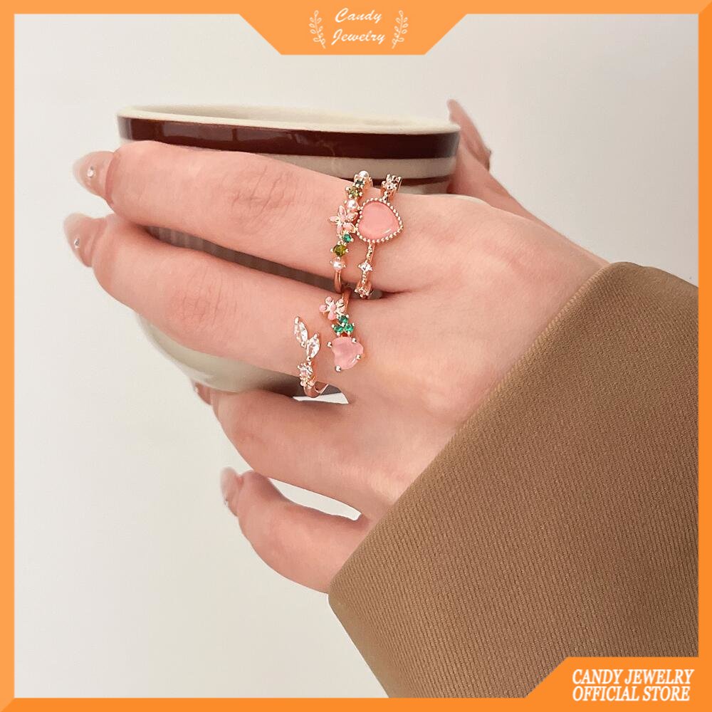 Cincin Model Terbuka Adjustable Desain Hati Ganda Bahan Zirkon Gaya Korea