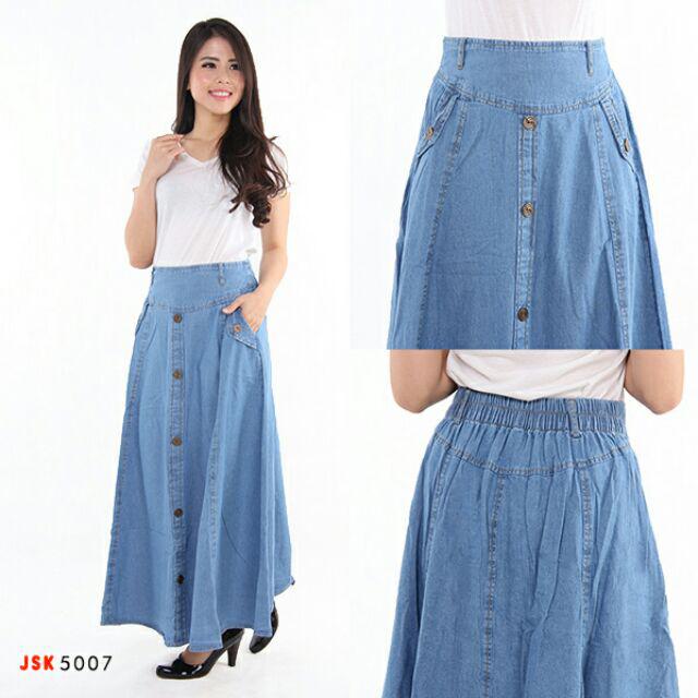 (4 Warna) Rok Panjang Jeans Wanita Model Mekar Rok Muslimah-BIRU AQUA/5007
