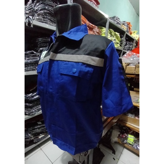 SERAGAM LENGAN PENDEK SAFETY BIRU HITAM BERLOGO