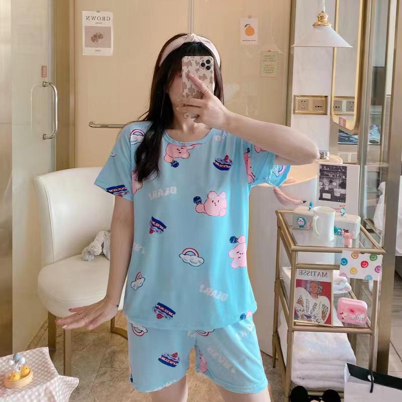 Piyama Baju Tidur Import Wanita Fashion Sleepwear Spandex Stelan Rumah Baju Santai Celana Pendek z-HP-Cake Biru