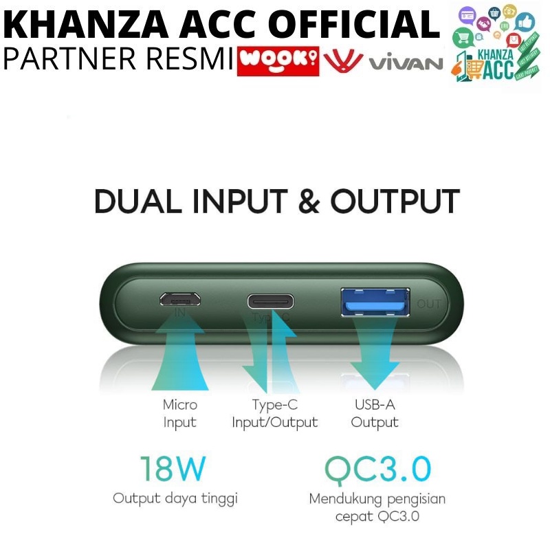 KHANZAACC VIVAN VPB-M10 PowerBank 10000mah 18W 3 Output Dual Input Port Type C &amp; Micro USB