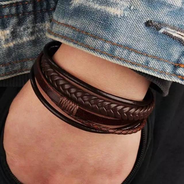 GELANG FASHION 5 LAYERS PRIA BRACELET KULIT LEATHER PREMIUM HITAM BLACK