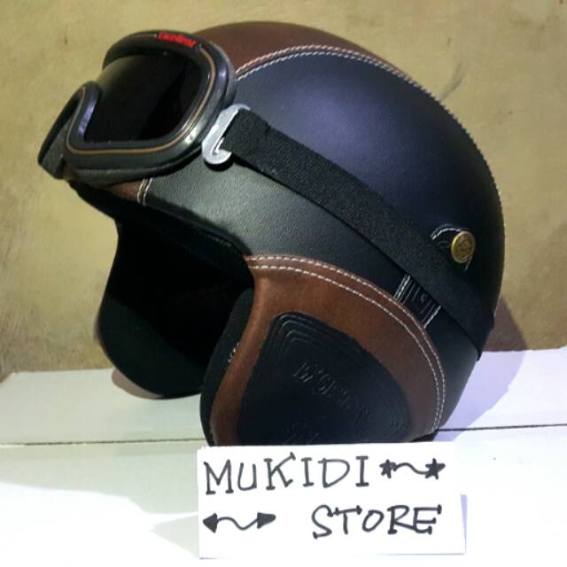 Helm Bogo Retro Vespa Pilot Kulit - Coklat / Hitam - bukan INK Centro