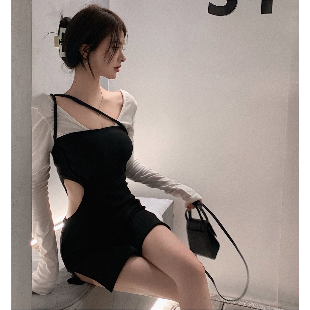 Suhao Sling Dress Wanita Hitam Seksi Berongga Rok Celah Ketat Paket Rok Pinggul Bawah