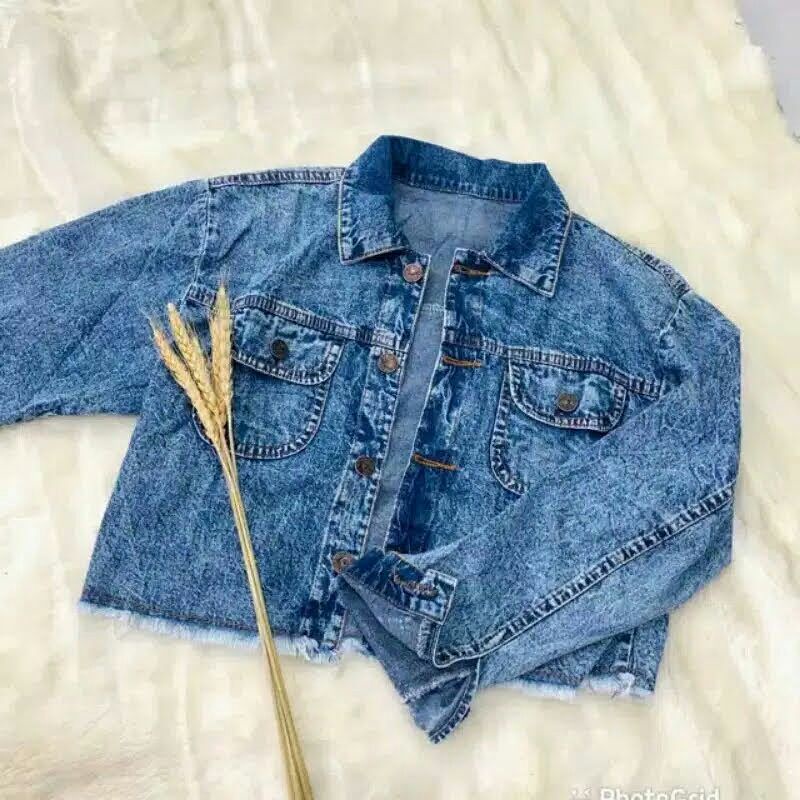 JACKET WANITA CROP JEANS SNOWBLACK RAWIS JAKET DENIM CROP CEWEK CEWE TERBARU LEPIS-crop biru