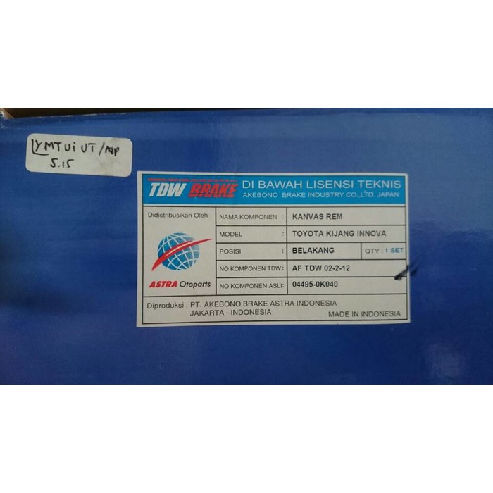 Kampas Rem Belakang / Brake Shoe Innova merk TDW