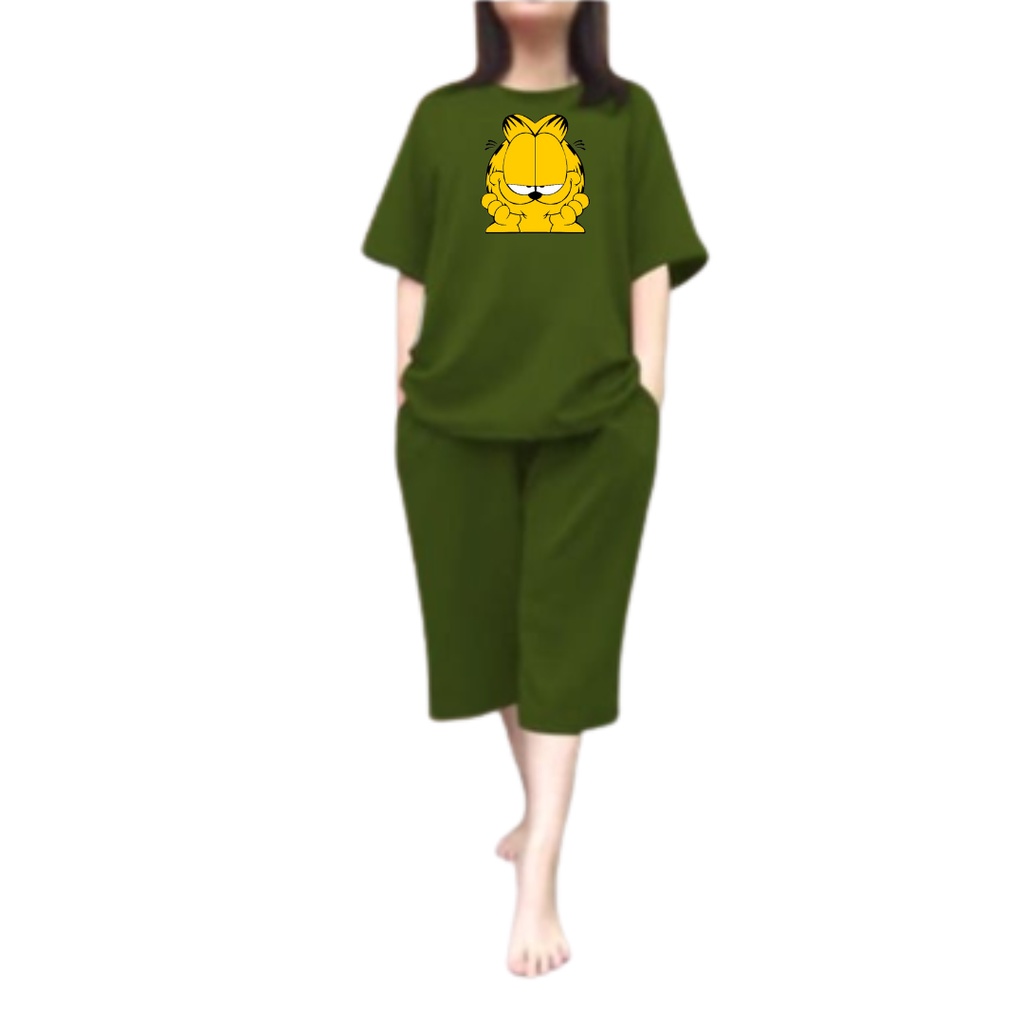 Setelan Wanita Kaos Oversize Kucing Garfield Pendek Kulot Jumbo LD 110