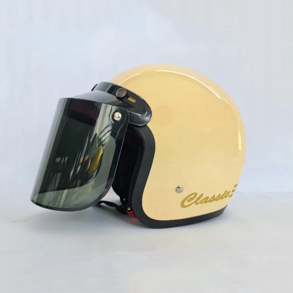 HELM BOGO DEWASA CLASIC GARIS DEWASA POLOS GARIS KACA FLAT DATAR DAN KACA CEMBUNG-cream glos