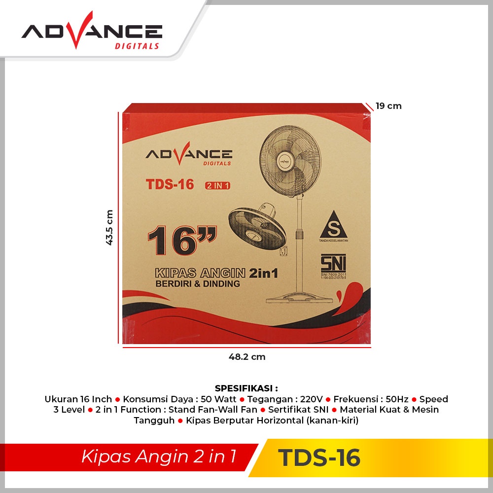 Advance Kipas Angin Tornado 2in1 Stand/Wall TDS16 Bergaransi Resmi 1 Tahun