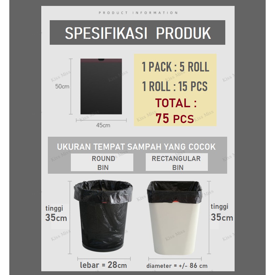 Plastik Sampah TALI SERUT - 45x50 - TIPIS - ROLL - TRASH BAG - GARBAGE - KANTONG - HITAM - SILVER