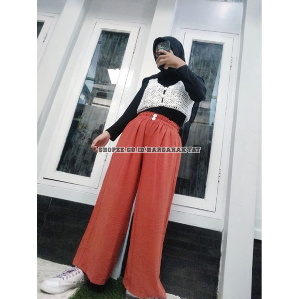 Kulot Highwaist Kancing Dua Bahan Airflow Crinkle | Outfit OOTD Korea