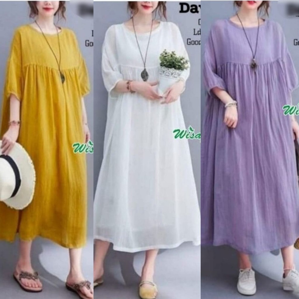 Midi Dress Bigsize Oversize Long tunik Bahan Crinkle Warna Putih, kuning dan Lilac