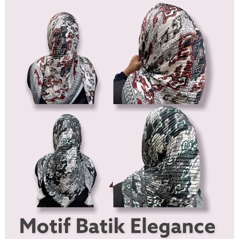 Hijab Segi Empat Plisket Tassel Pompom Rumbai Motif Batik