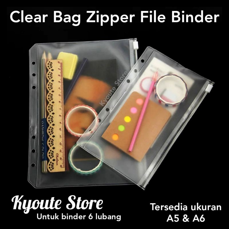 

Clear Binder 6 Holes Zipper Bag Pouch A5 & A6 Transparan Minimalis Anti Air Serbaguna Organizer Tempat Penyimpanan File Dokumen Alat Tulis Surat
