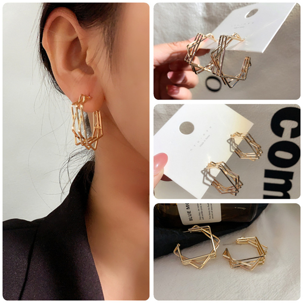 【COD Tangding】Creative Multi-layer Geometric Temperament Contracted Six-pointed Star Earrings Earrings